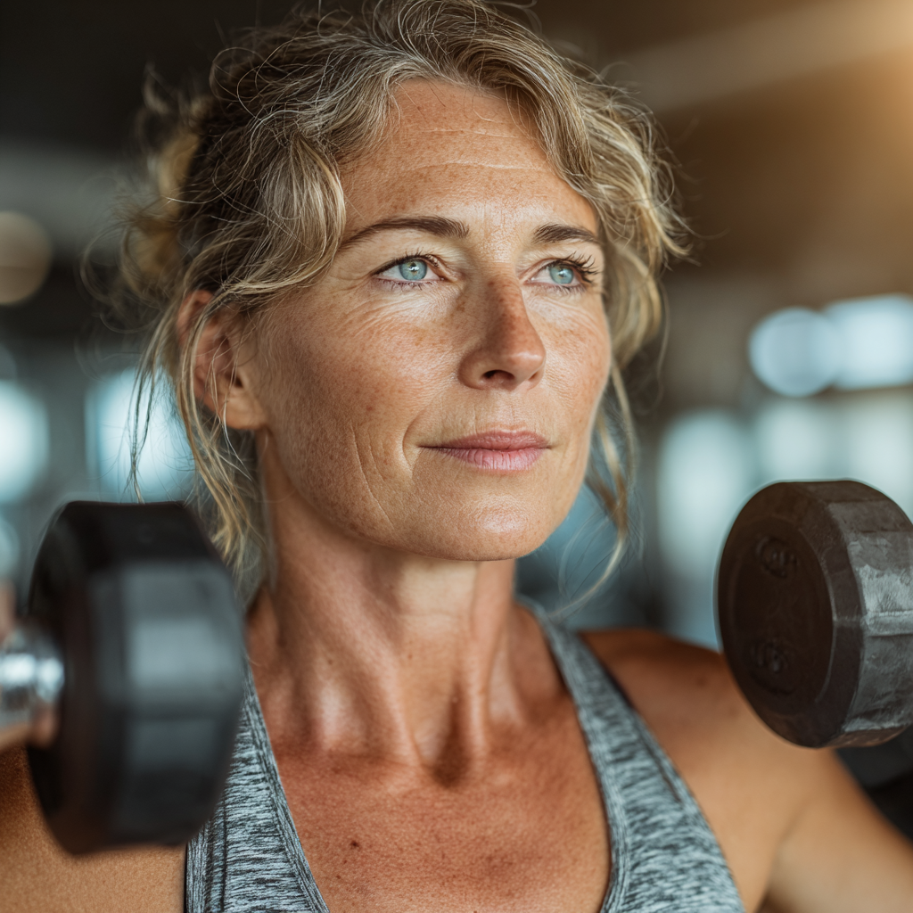 A confident middle-aged woman in her early 50s doing strength training with dumbbells in a modern gym, wearing athletic wear, showing determination and focus
